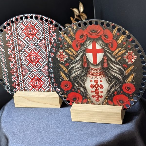 Шкіряні боковинки для сумки Мотанка і вишиванка — круглий обріз 20 × 18 см
