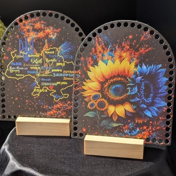 Шкіряні боковинки для в'язання сумочки Соняшники космос і мапа України - арка 21 × 17,5